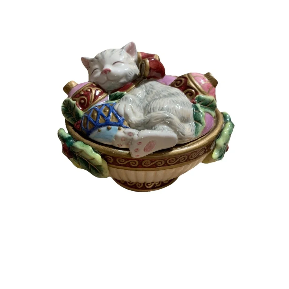 FITZ and FLOYD Christmas Sleeping Cat Kitten Hand-Painted 6